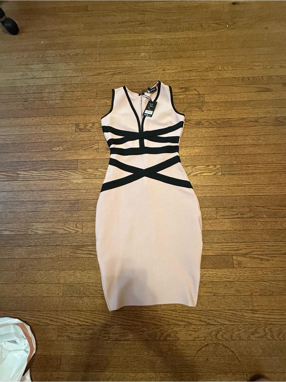 Sleeveless Pink Midi Bodycon Dress with Black Banding